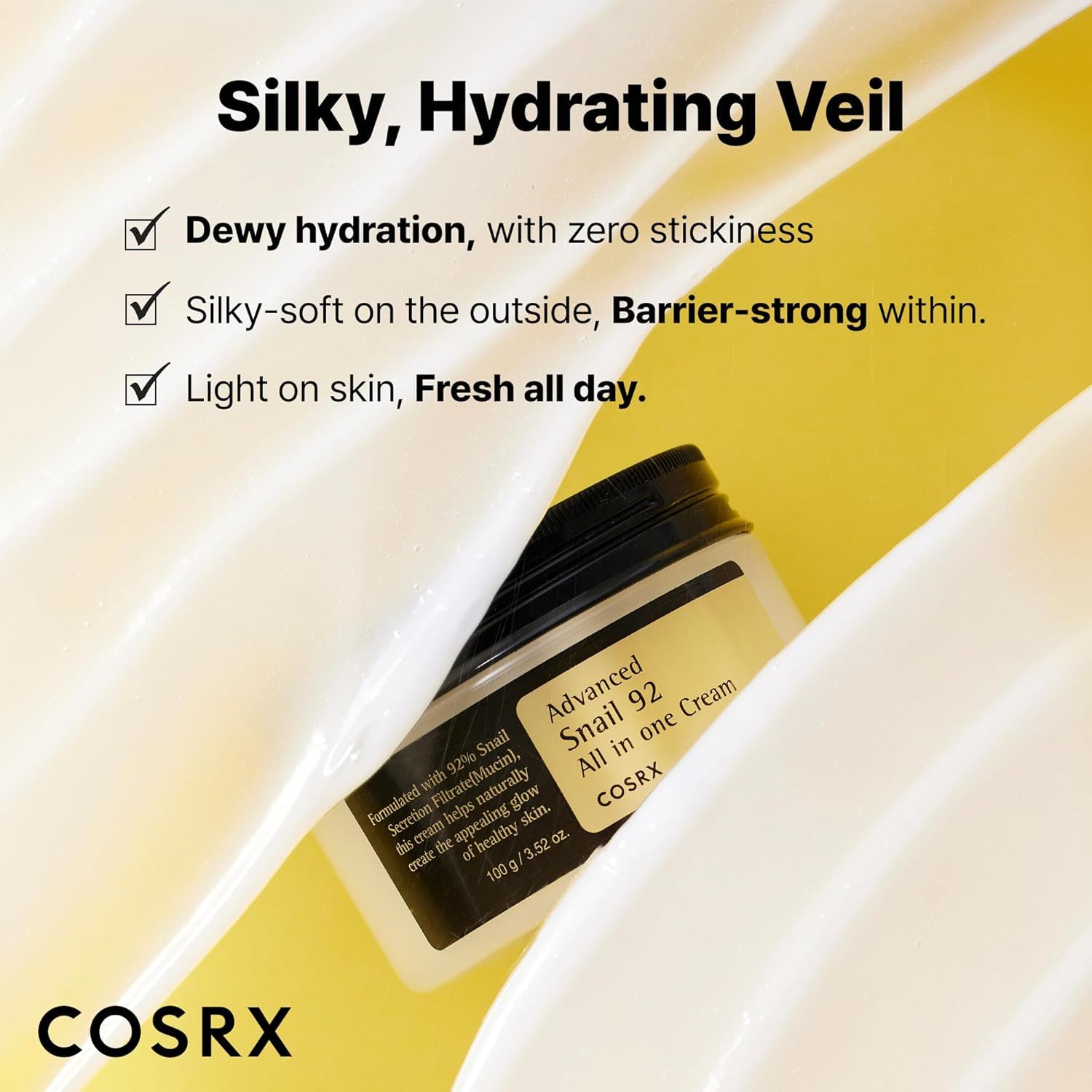 Vasetto di crema con coperchio nero. Testo: Velo setoso e idratante. Vantaggi: idratazione, morbidezza, leggerezza.