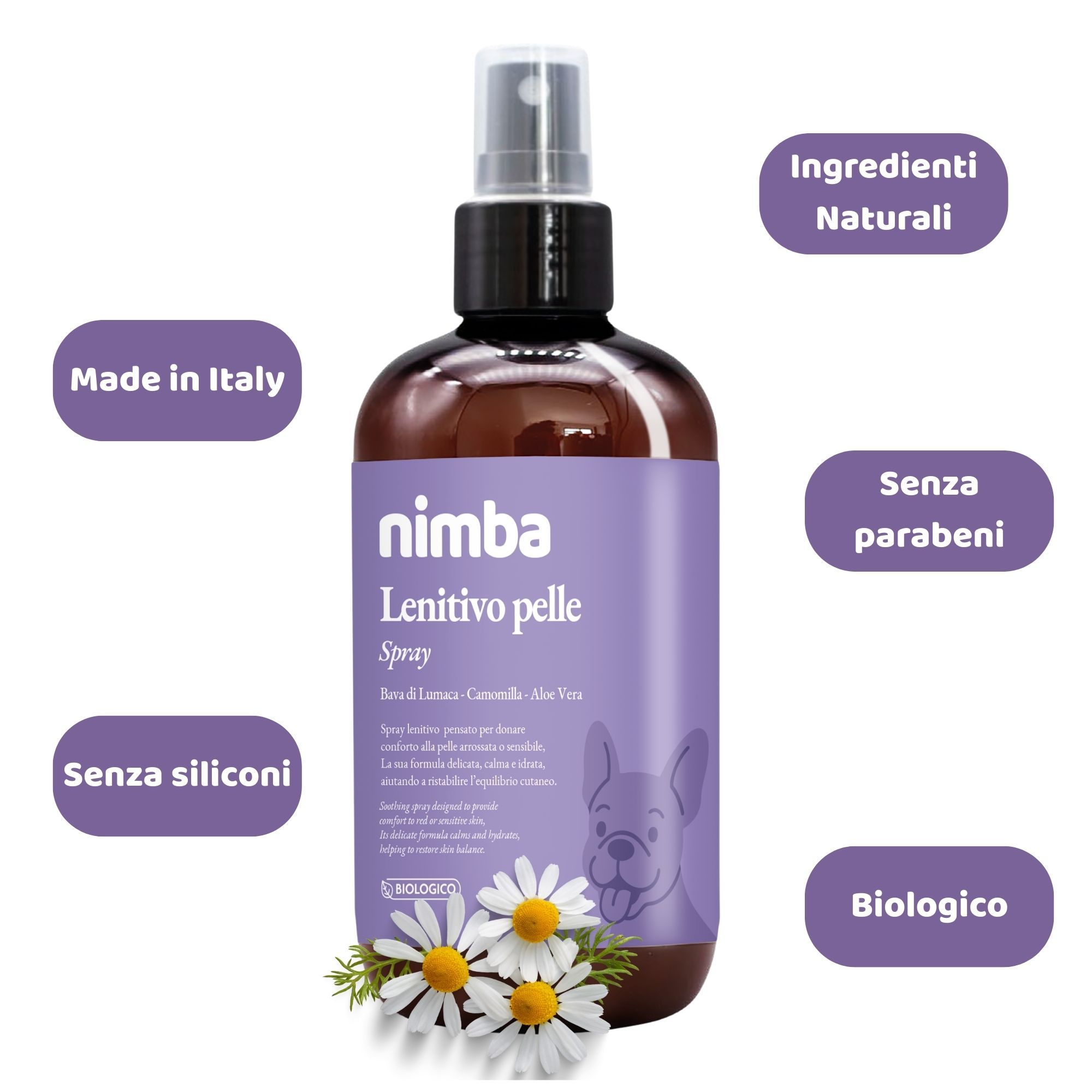 Flacone spray marrone con etichetta viola. Scritta Nimba Spray Lenitivo pelle. Testi aggiuntivi: Made in Italy, biologico.