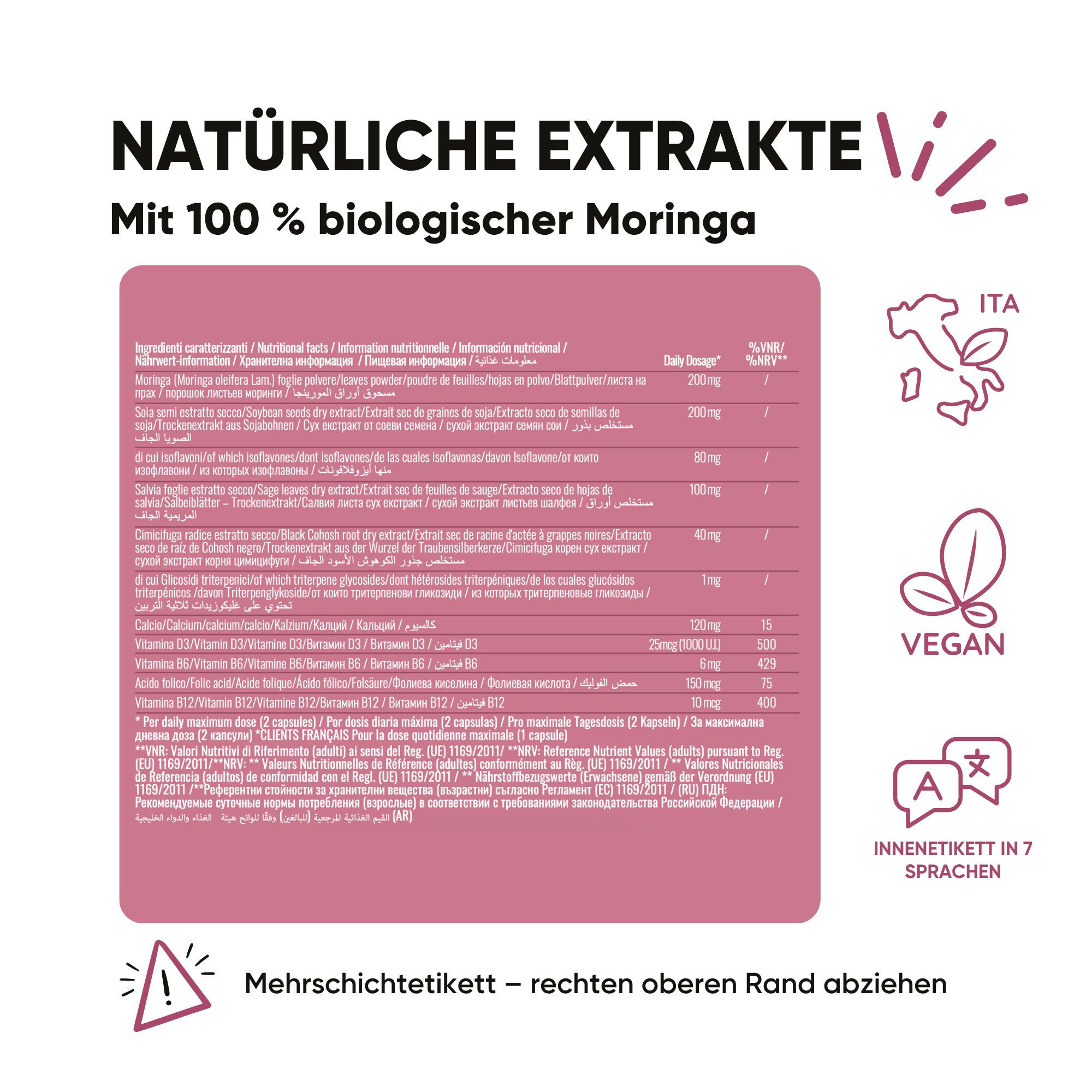 Flacone con informazioni nutrizionali e sigilli (Vegano, Italiano). Testo: Estratti naturali con Moringa biologica al 100%.