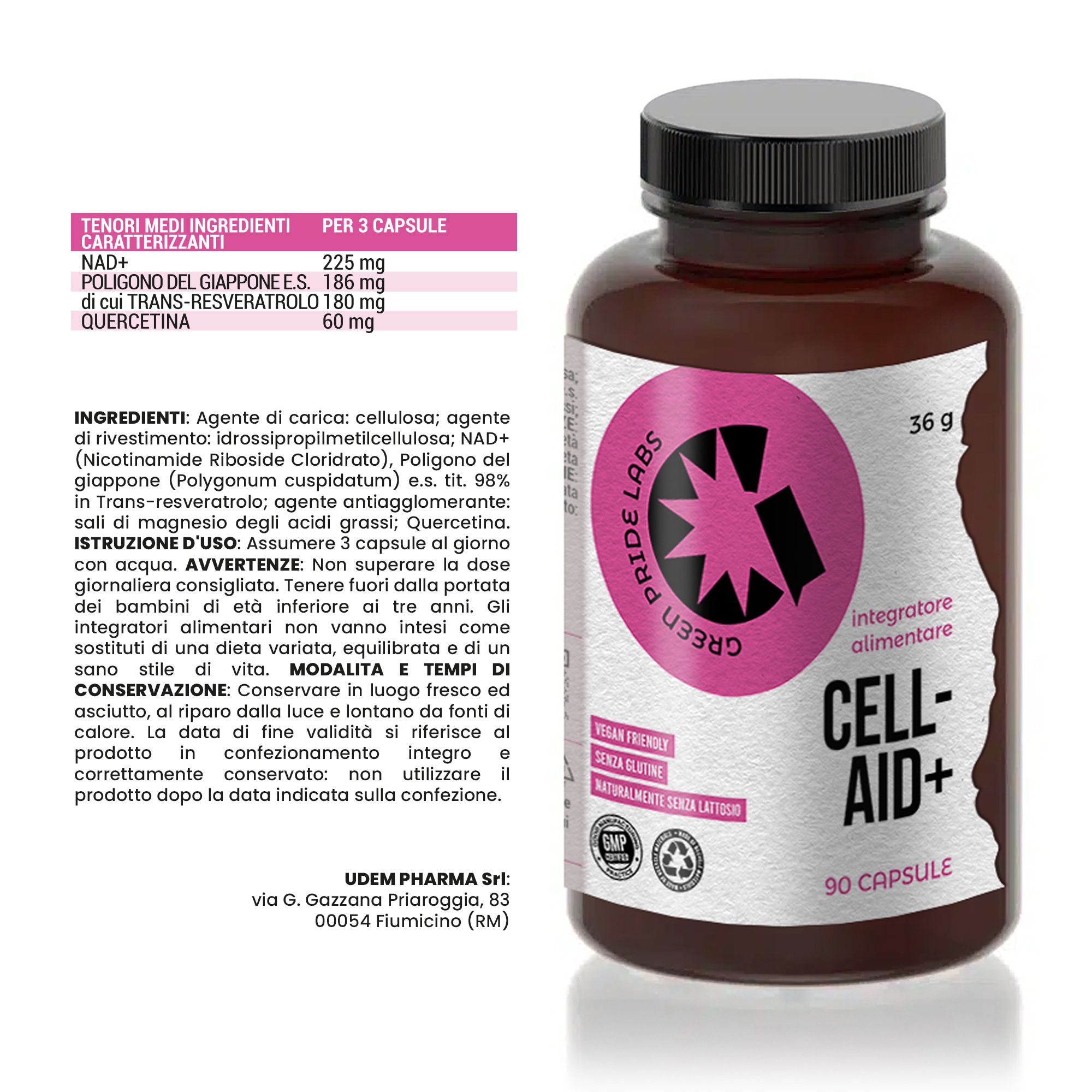 Flacone 'CELL-AID+' con etichetta che elenca ingredienti NAD+, Polygonum, Quercetina e sigillo GMP.