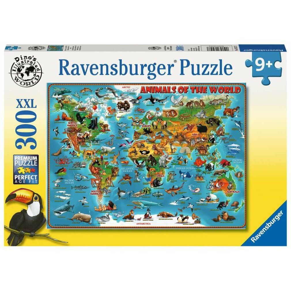 Scatola puzzle Ravensburger. Animals of the World, 300 pezzi, XXL. Illustrazione di un tucano. Sfondo giallo, mappa blu.