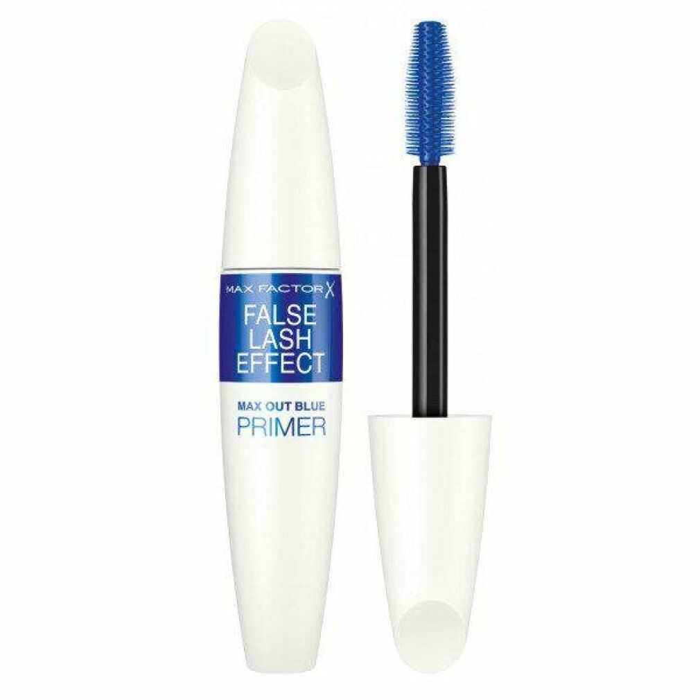 Contenitore mascara bianco con scritta blu. Spazzola blu. Nome prodotto: False Lash Effect Primer.