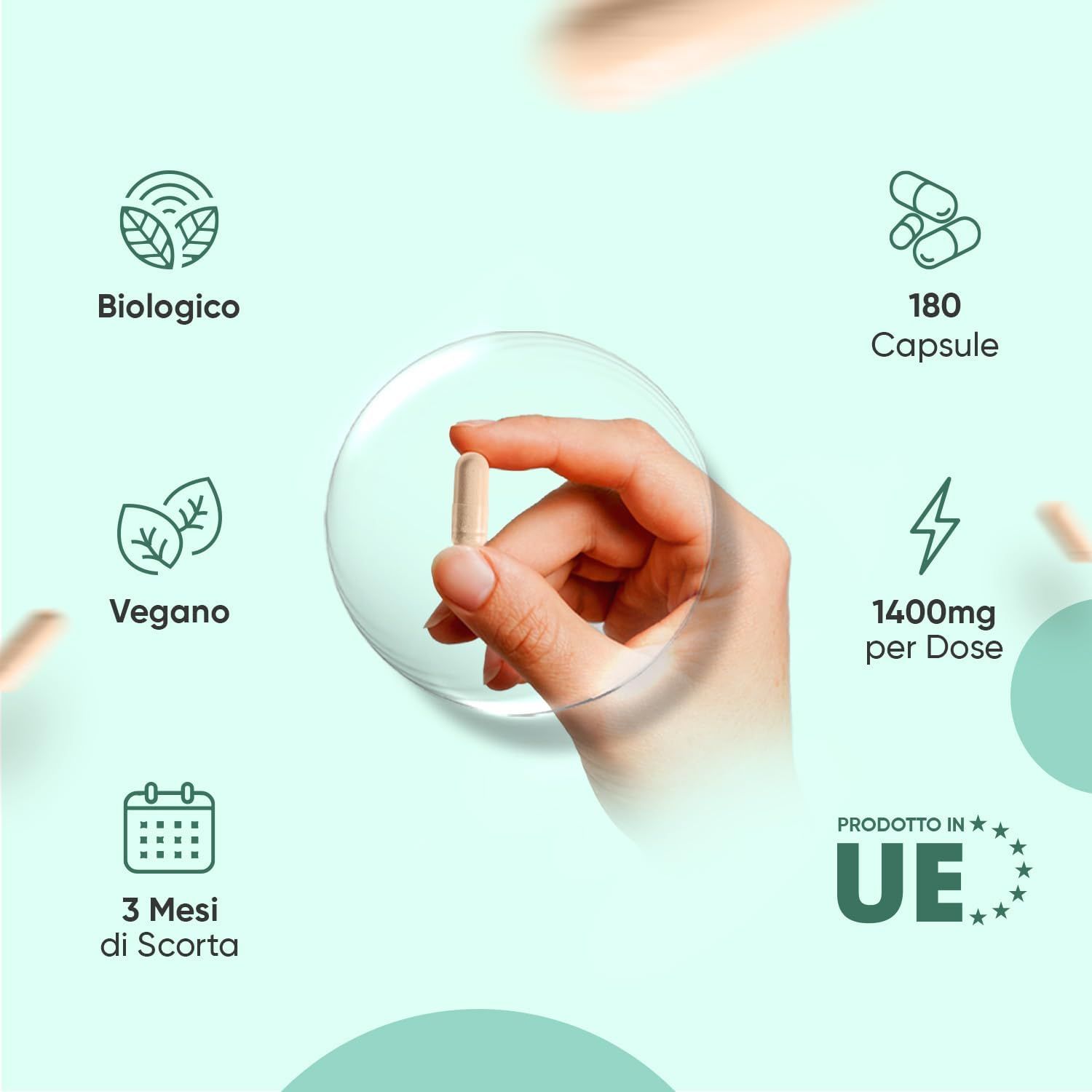 Mano che tiene una capsula. Testo: Biologico, Vegano, 180 capsule, 1400mg per dose, Prodotto in UE, 3 mesi di scorta.