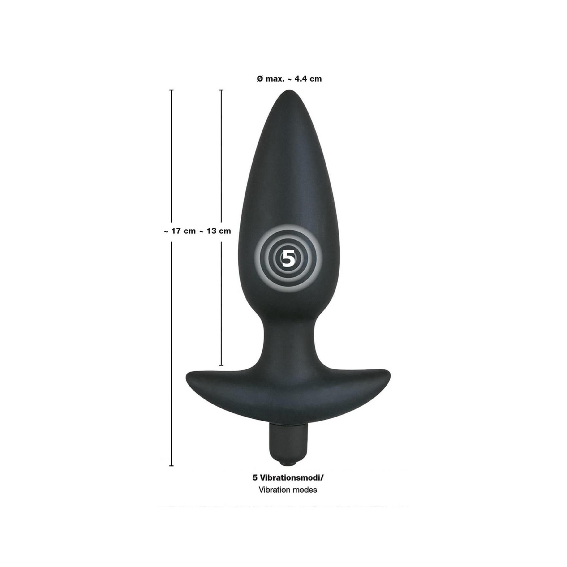 Plug anale nero, conico, con impugnatura a T e base. Con dimensioni e modalità di vibrazione.