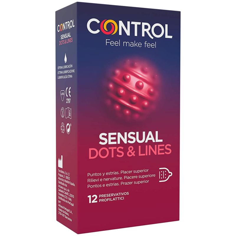Confezione da 12 preservativi Control Sensual Dots & Lines. Mostra una sfera rossa stilizzata con puntini.