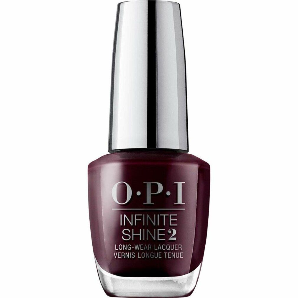 Smalto per unghie OPI Infinite Shine 2, rosso scuro. Tappo argentato, flacone trasparente. Scritta: OPI INFINITE SHINE 2.
