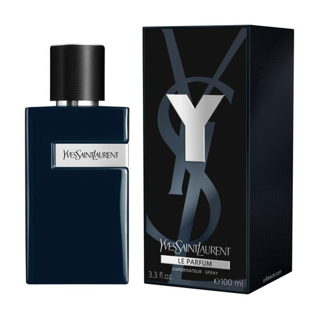 Flacone blu scuro e confezione nera. Logo e testo argentati. Tappo nero. Scritta: Yves Saint Laurent, Le Parfum.