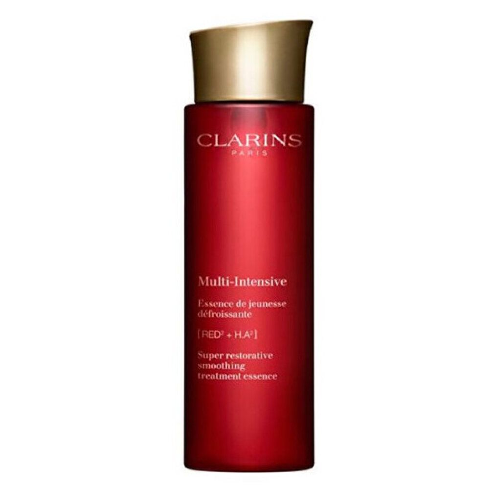 Clarins Multi-Intensive Treatment Essence in flacone rosso con tappo dorato, vista frontale.