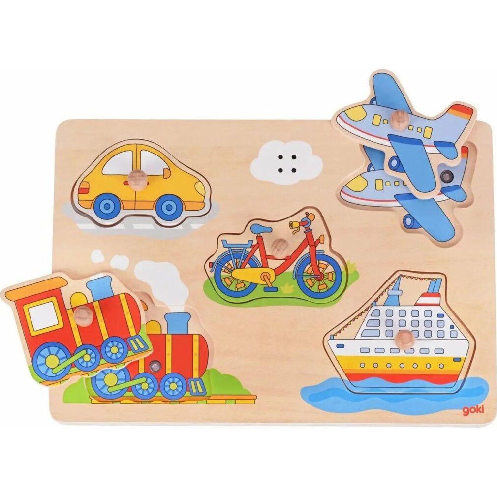 Puzzle in legno con 5 veicoli. Auto gialla, treno rosso, aereo blu, moto rossa e nave. Logo Goki.