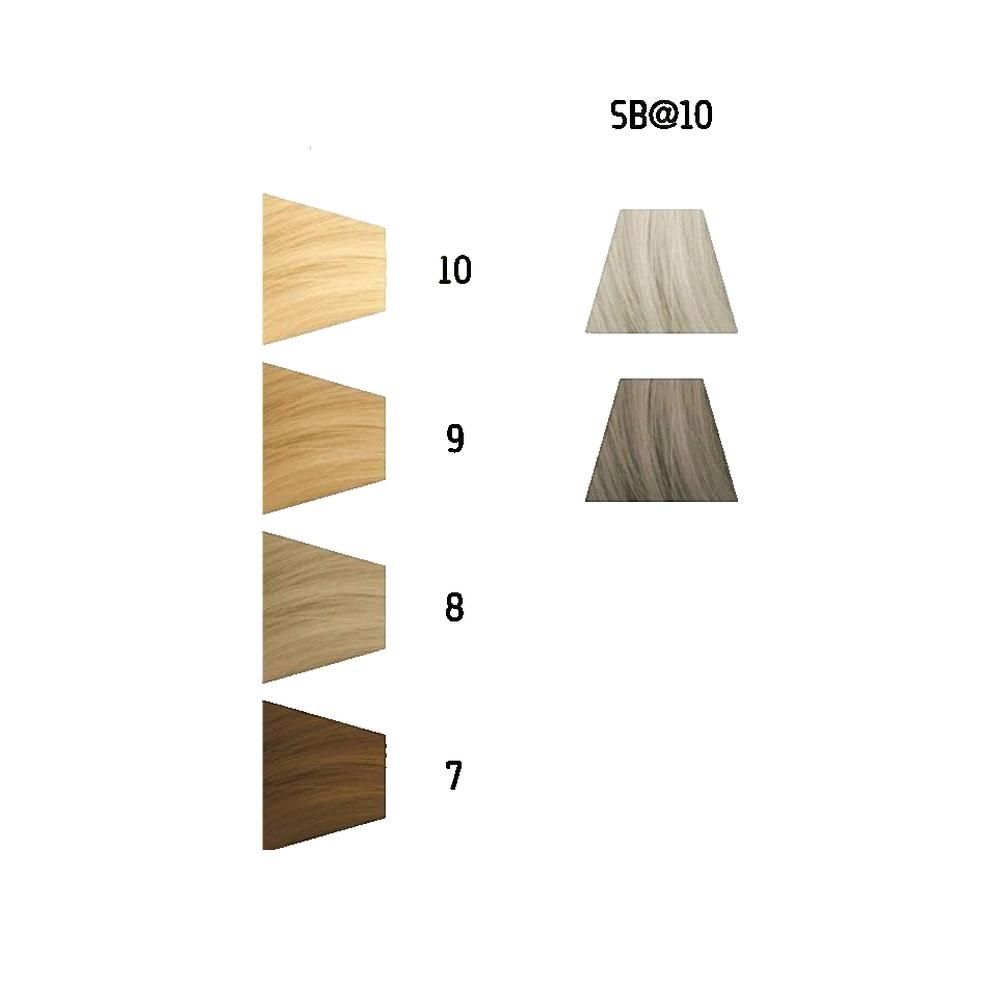 Campioni di colore per capelli biondi. Numeri da 7 a 10. In alto a destra: SB@10.