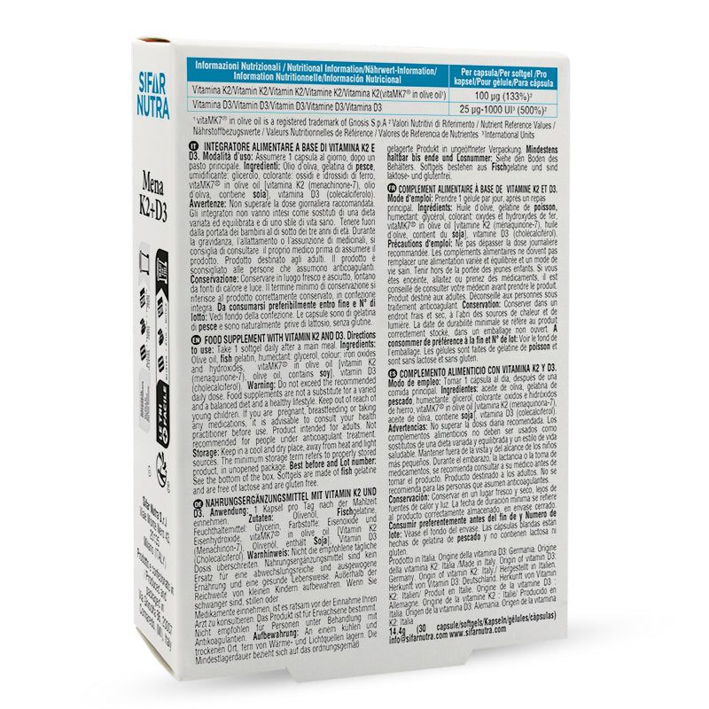 Retro della confezione Sifar Nutra Mena K2+D3. Informazioni nutrizionali e ingredienti. Testo multilingue.