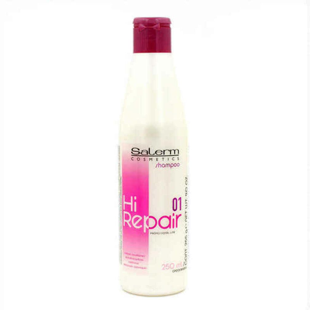 Flacone di shampoo Salerm Cosmetics Hi Repair. Bianco, tappo ed etichetta rosa. Testo: Hi Repair, 01, Shampoo.