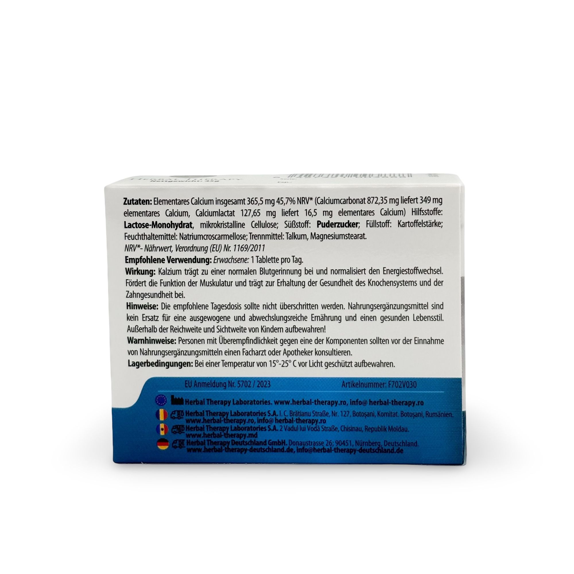 Retro della confezione Herbal Therapy KALZIUM 1000 mg. Contiene informazioni su ingredienti, uso e avvertenze.