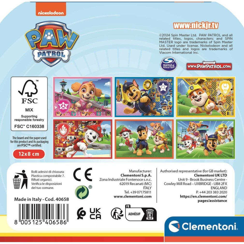 Retro di una confezione di puzzle Paw Patrol con immagini dei personaggi e logo FSC.