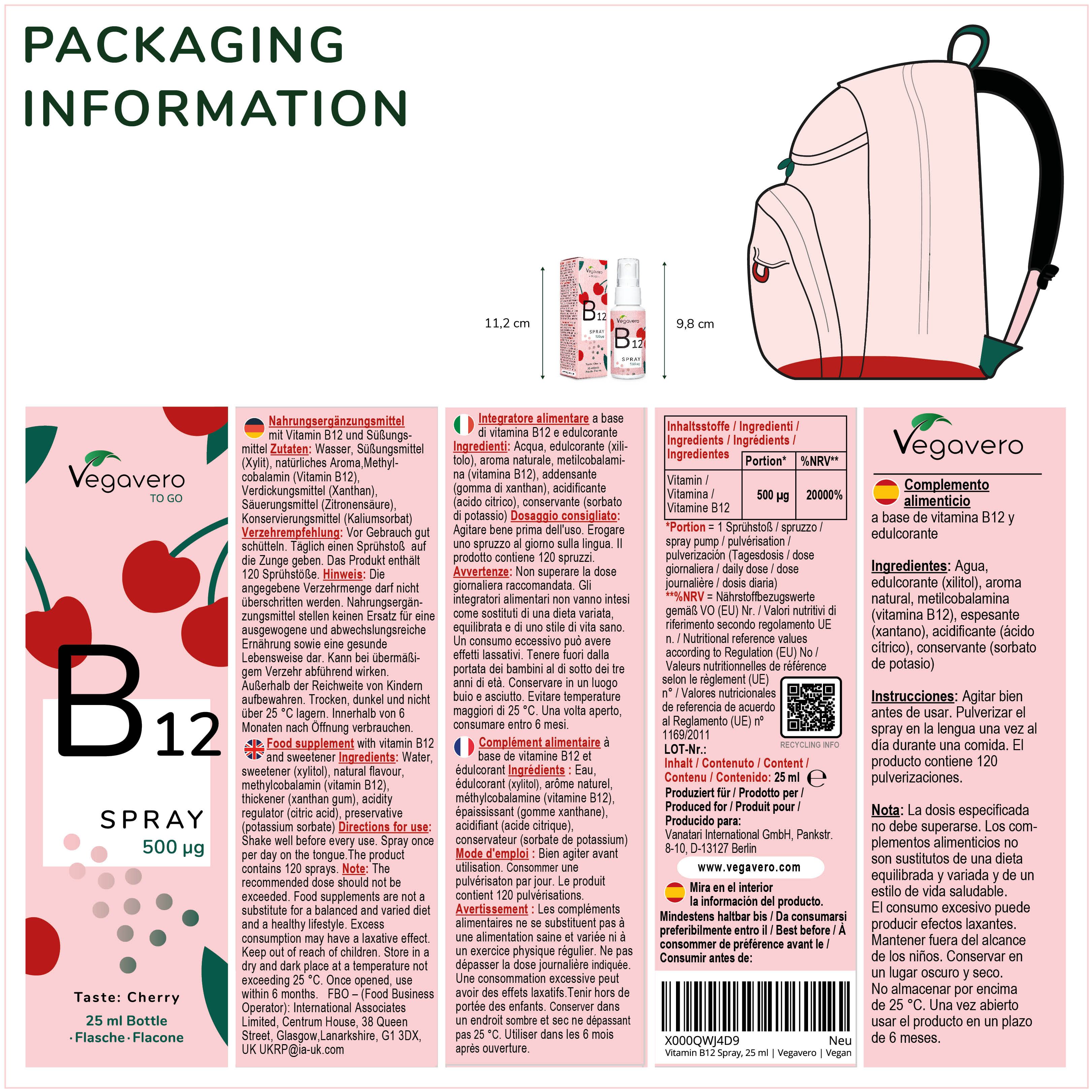Informazioni sull'imballaggio. Immagine del prodotto: Vegavero B12 Spray. Testo in tedesco, italiano, spagnolo, inglese. Dimensioni: 11,2 x 9,8 cm.