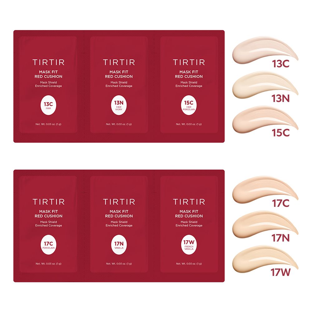 Campioni TIRTIR Mask Fit Red Cushion e campioni colore. Colori: 13C, 13N, 15C, 17C, 17N, 17W. Enriched Coverage.