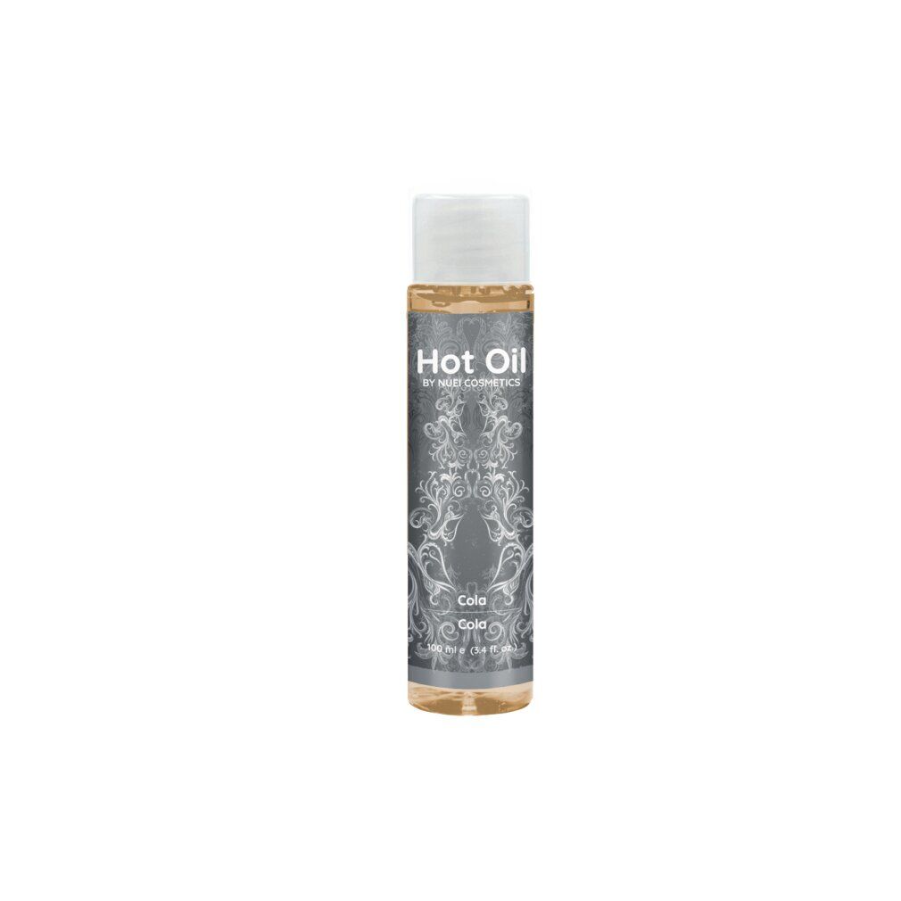 Flacone trasparente con tappo bianco. Scritta "Hot Oil" e "Cola".