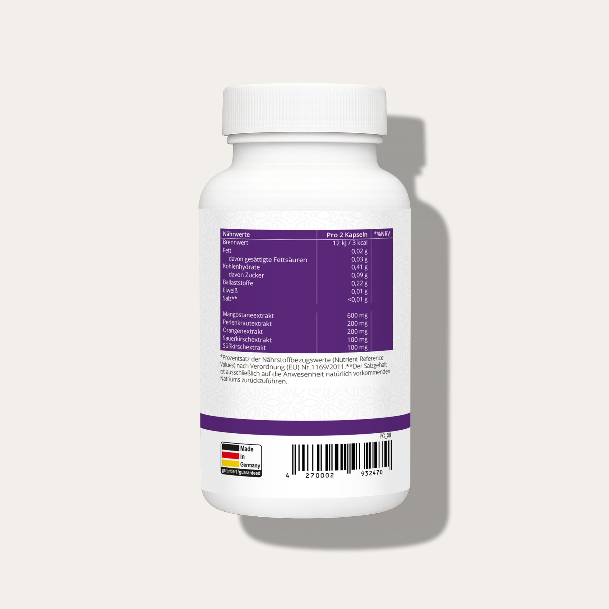 Flacone bianco con etichetta viola. Contiene informazioni nutrizionali e ingredienti. Prodotto in Germania.