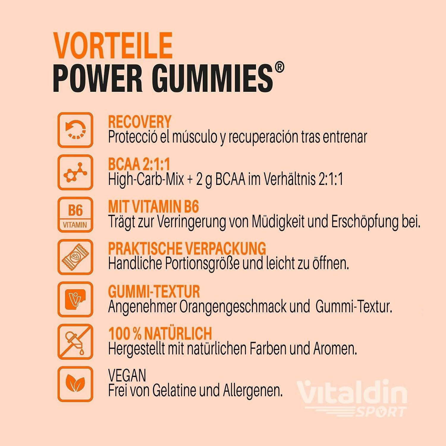 Pagina di testo con i vantaggi di Power Gummies BCAA. Contiene informazioni sugli ingredienti e le caratteristiche.