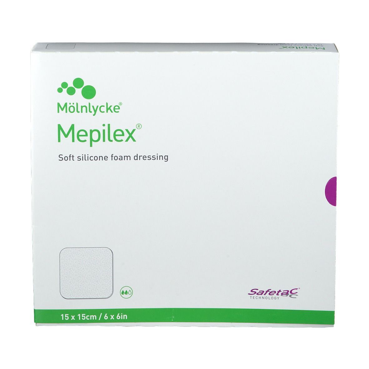 Confezione di Mepilex® 15 x 15cm. Scatola bianca con scritte verdi e viola. Dimensioni: 15 x 15cm / 6 x 6in.