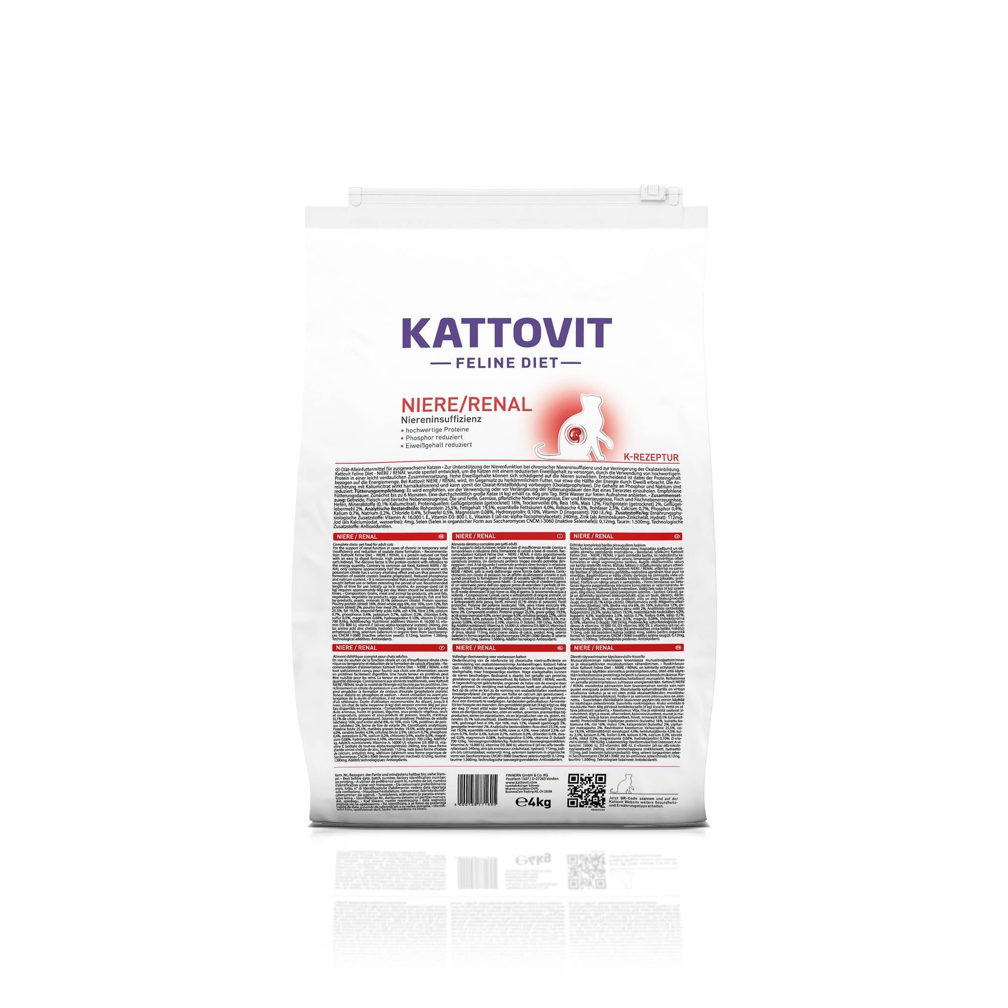 Sacchetto bianco KATTOVIT. Scritta: Niere/Renal. Contiene informazioni e simbolo di gatto. Peso: 4 kg.
