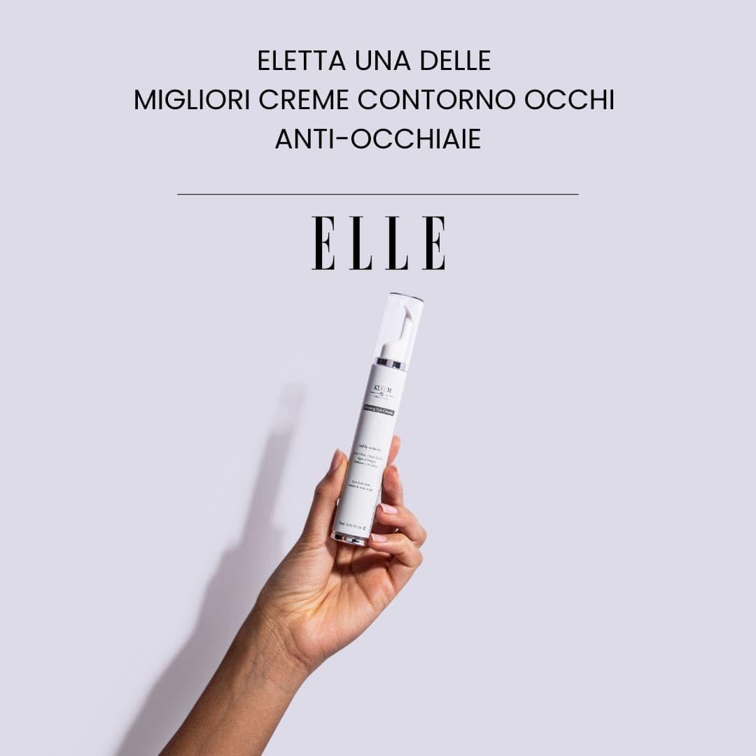 Mano che tiene il gel occhi Kleem. Testo: Eletta una delle migliori creme contorno occhi anti-occhiaie. Logo ELLE.