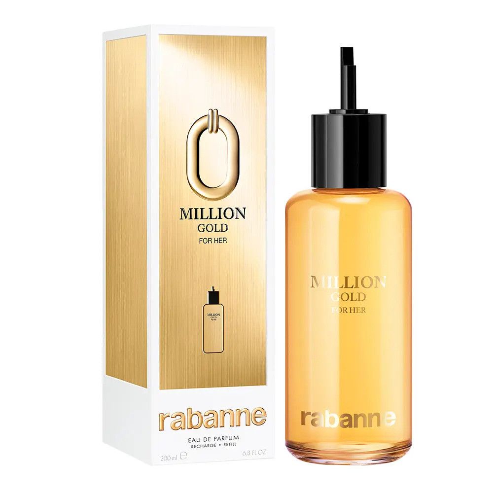 Flacone ricarica dorato e confezione. Scritta: Million Gold For Her, Rabanne. Flacone con tappo nero.
