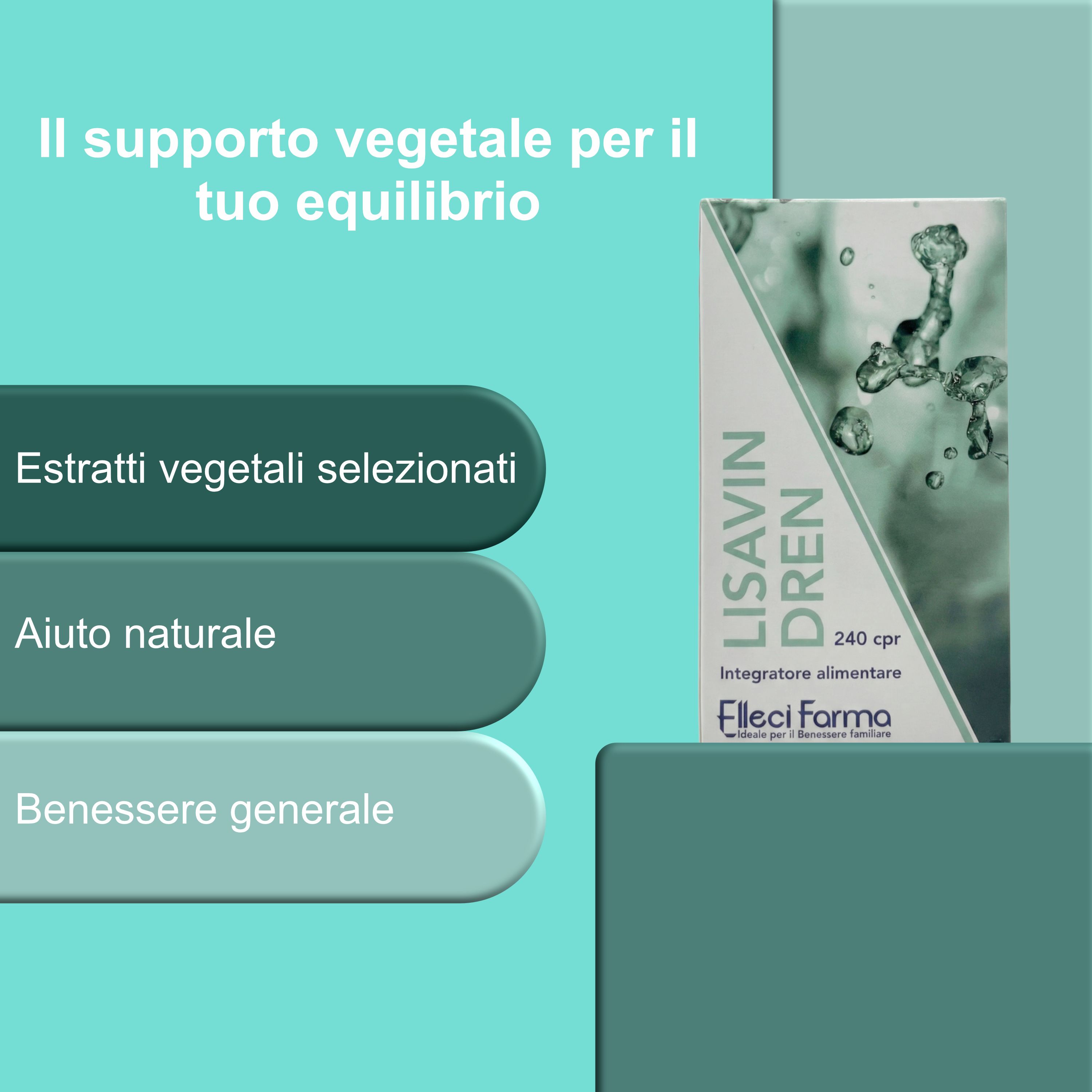 Testo su sfondo verde. Testo: Estratti vegetali selezionati. Aiuto naturale. Benessere generale.