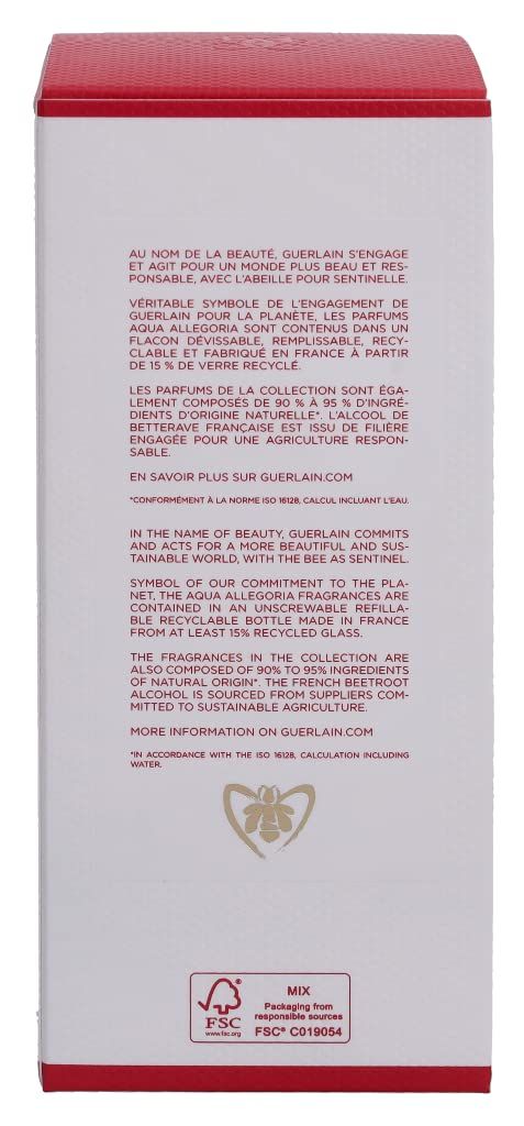 Retro della scatola rettangolare bianca. Testo su sostenibilità e ingredienti.