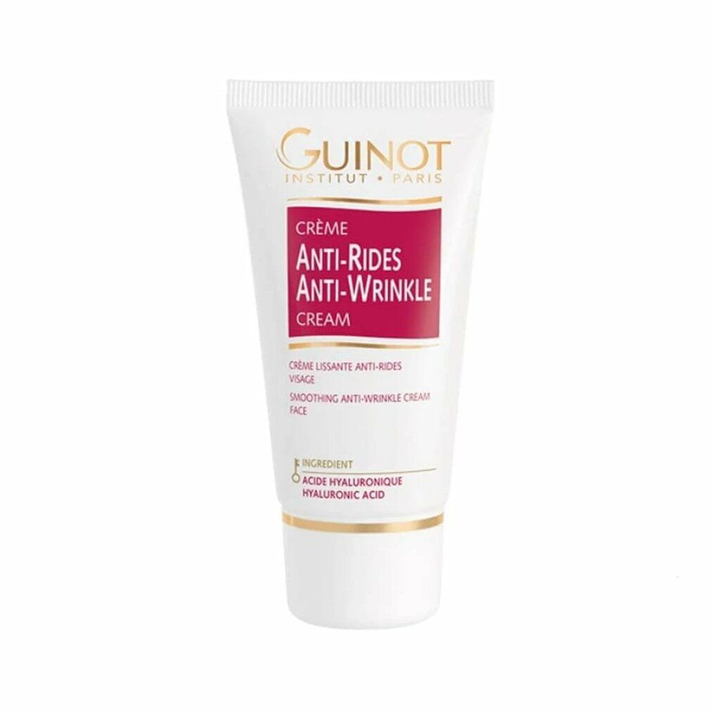 Tubo crema Guinot. Scritta: Crème Anti-Rides Anti-Wrinkle Cream. Contiene acido ialuronico. Crema levigante.