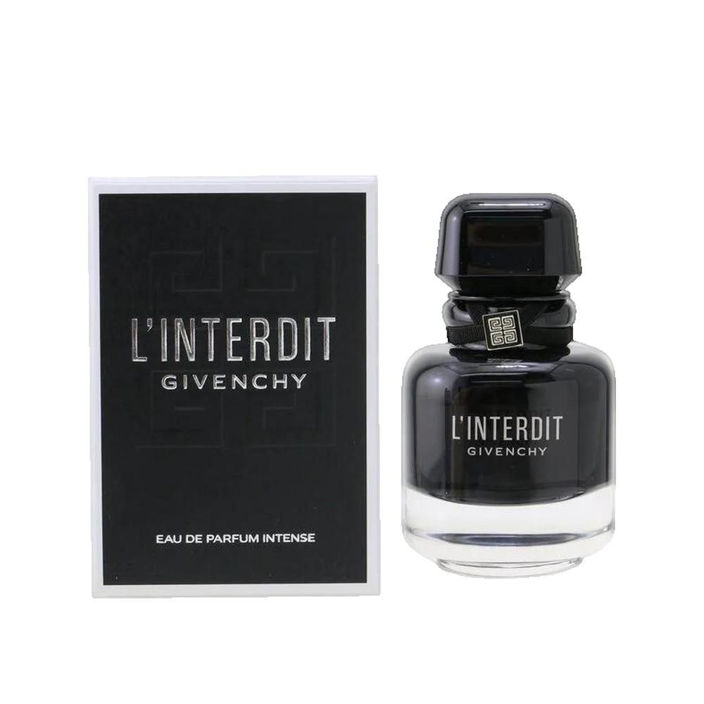 Flacone nero con tappo nero e scatola. Scritta: L'Interdit Givenchy Eau de Parfum Intense.