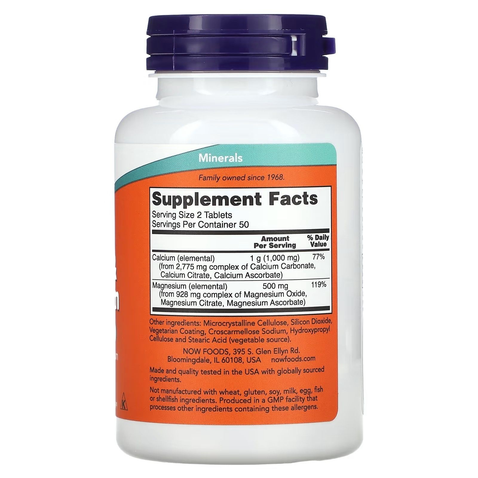 Flacone bianco con tappo blu. Etichetta con testo: Supplement Facts, Calcium, Magnesium. Marchio: NOW FOODS.