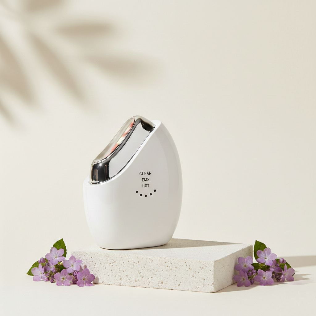 Massaggiatore EMS bianco su piedistallo, decorato con fiori viola. Ombreggiatura delicata.