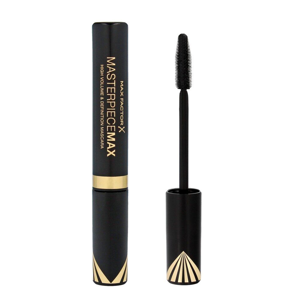 Mascara nero con applicatore aperto. Scritta: Max Factor Masterpiece Max High Volume & Definition Mascara.