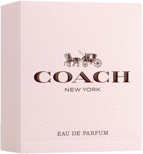 Scatola rosa, logo Coach e stemma della carrozza. Testo: COACH NEW YORK, Eau de Parfum.