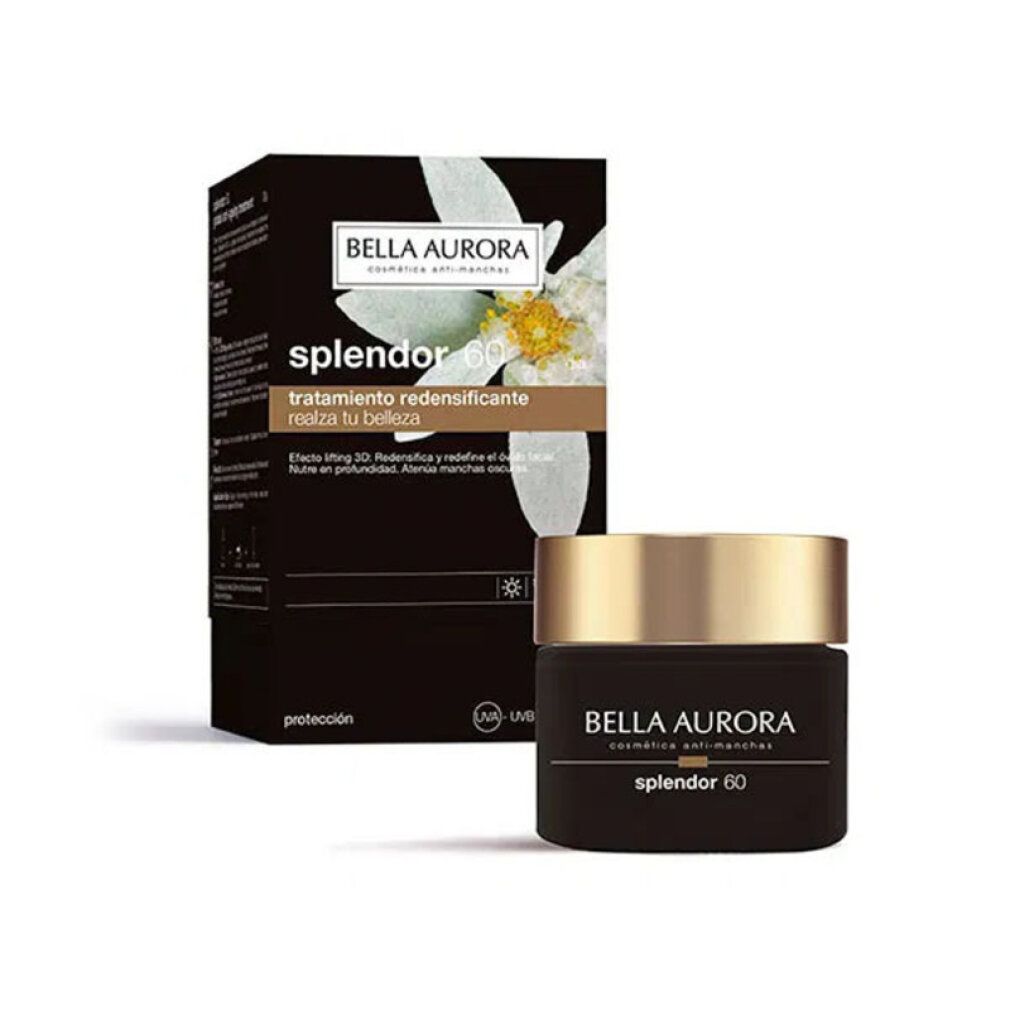 Vaso nero con coperchio dorato e scatola. Scritta: Bella Aurora, splendor 60, tratamiento redensificante día SPF20.