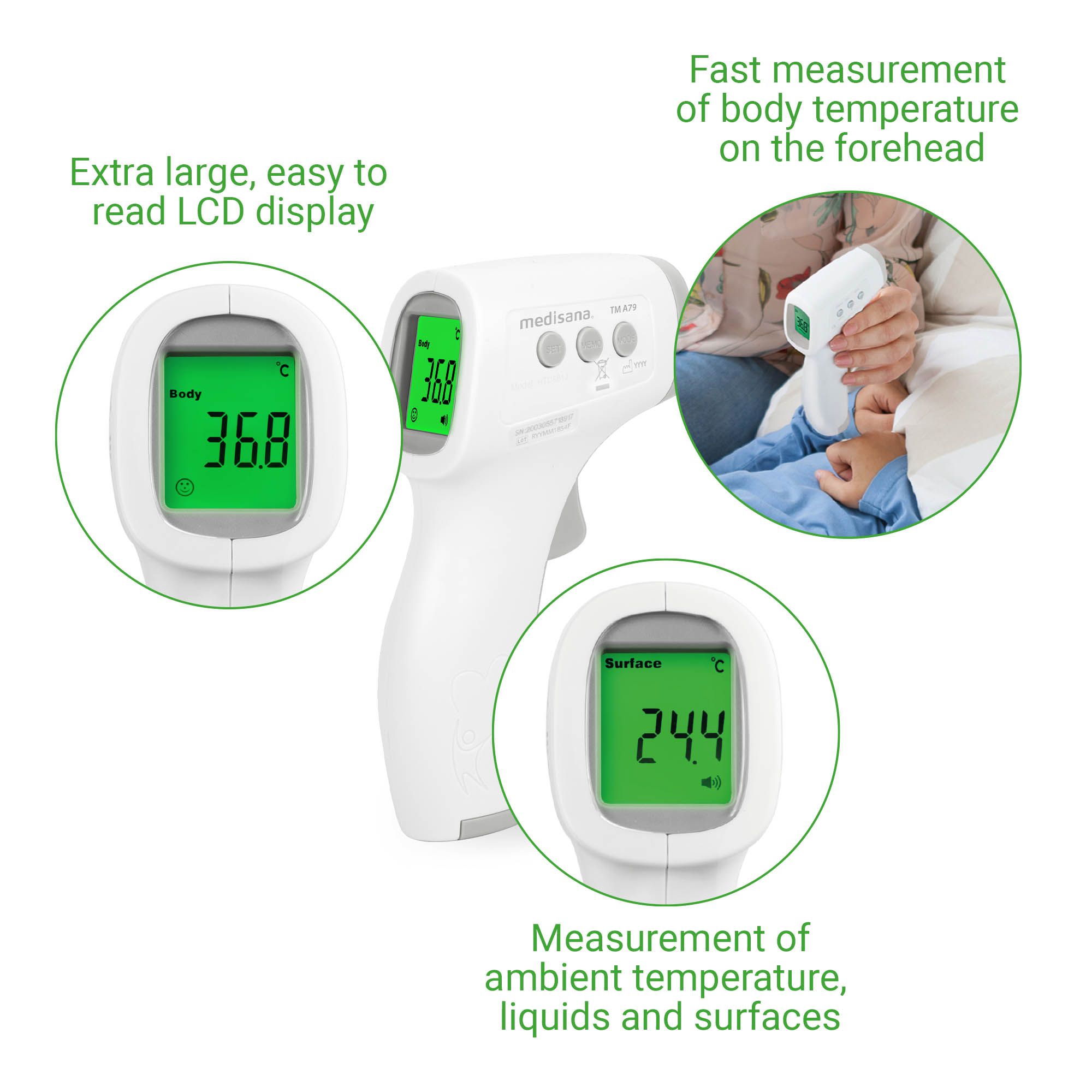 Termometro bianco con display verde. Mostra 36,8°C e 24,4°C. Misura temperatura corporea e ambiente.