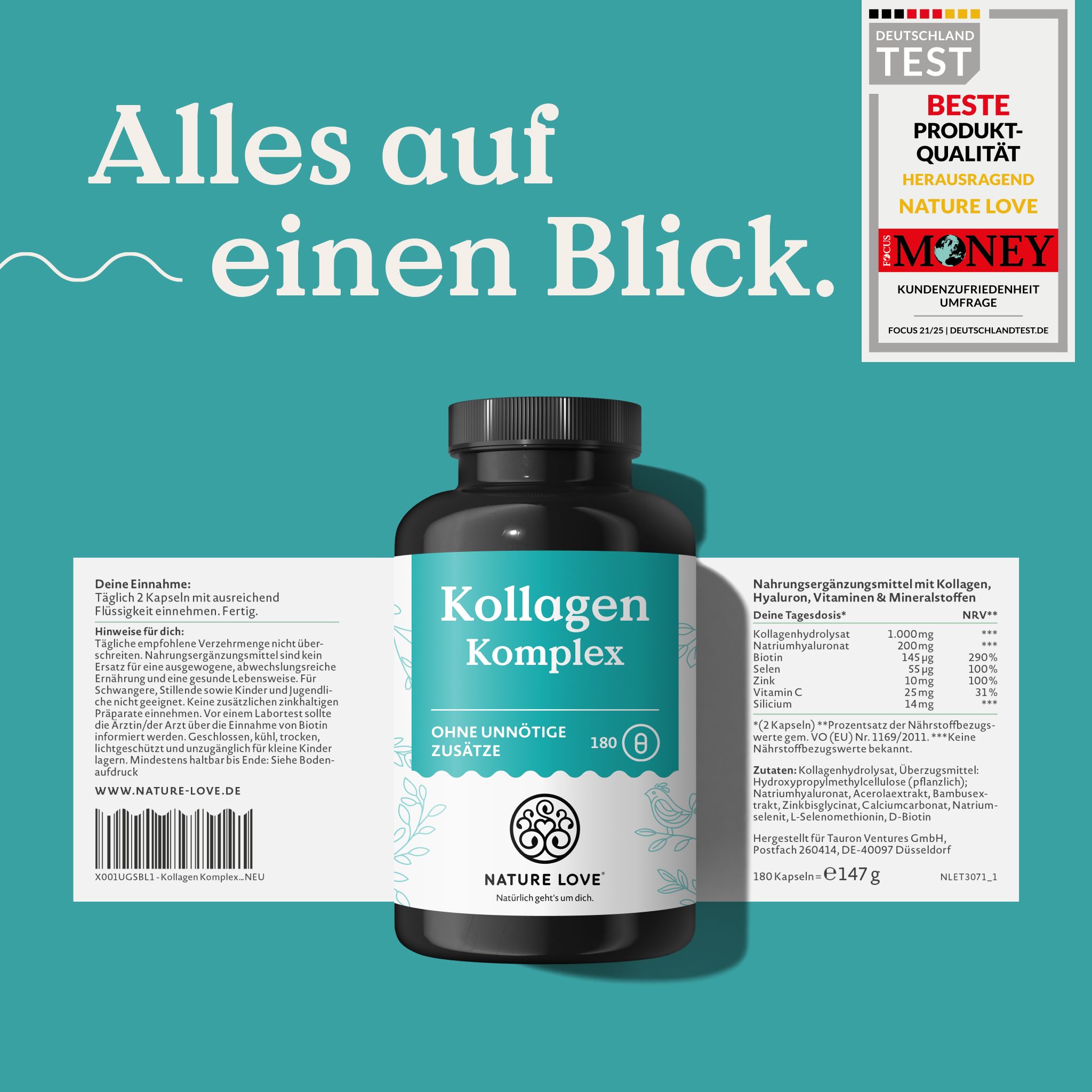 Flacone NATURE LOVE Kollagen Komplex con etichetta aperta. Mostra raccomandazione d'uso e informazioni nutrizionali.