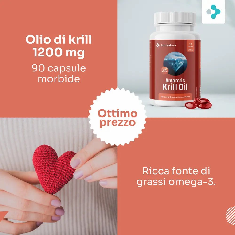 Flacone FutuNatura Olio di krill 1200 mg, 90 capsule morbide. Ricca fonte di omega-3.