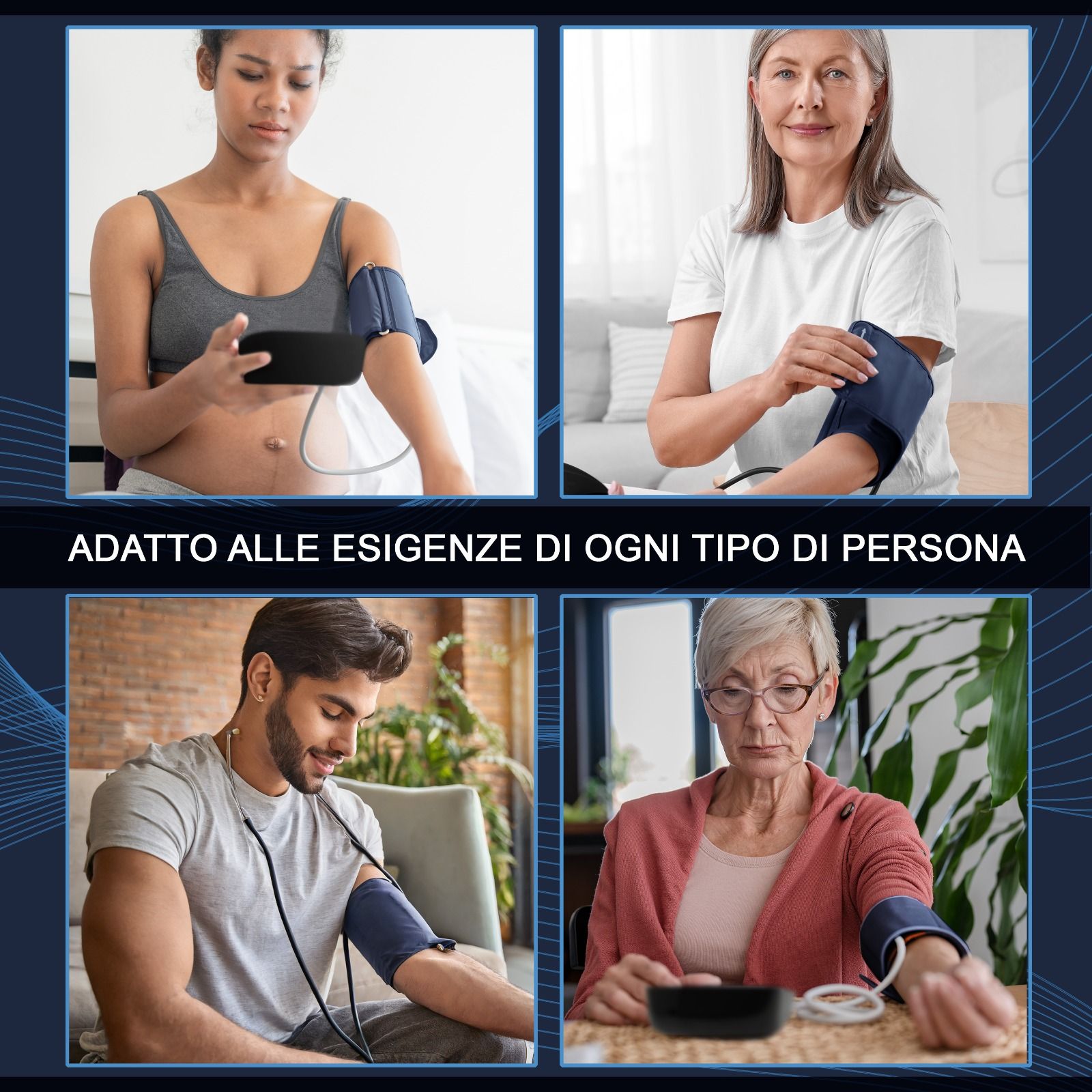 Giovane donna con misuratore di pressione al braccio, tiene uno smartphone.