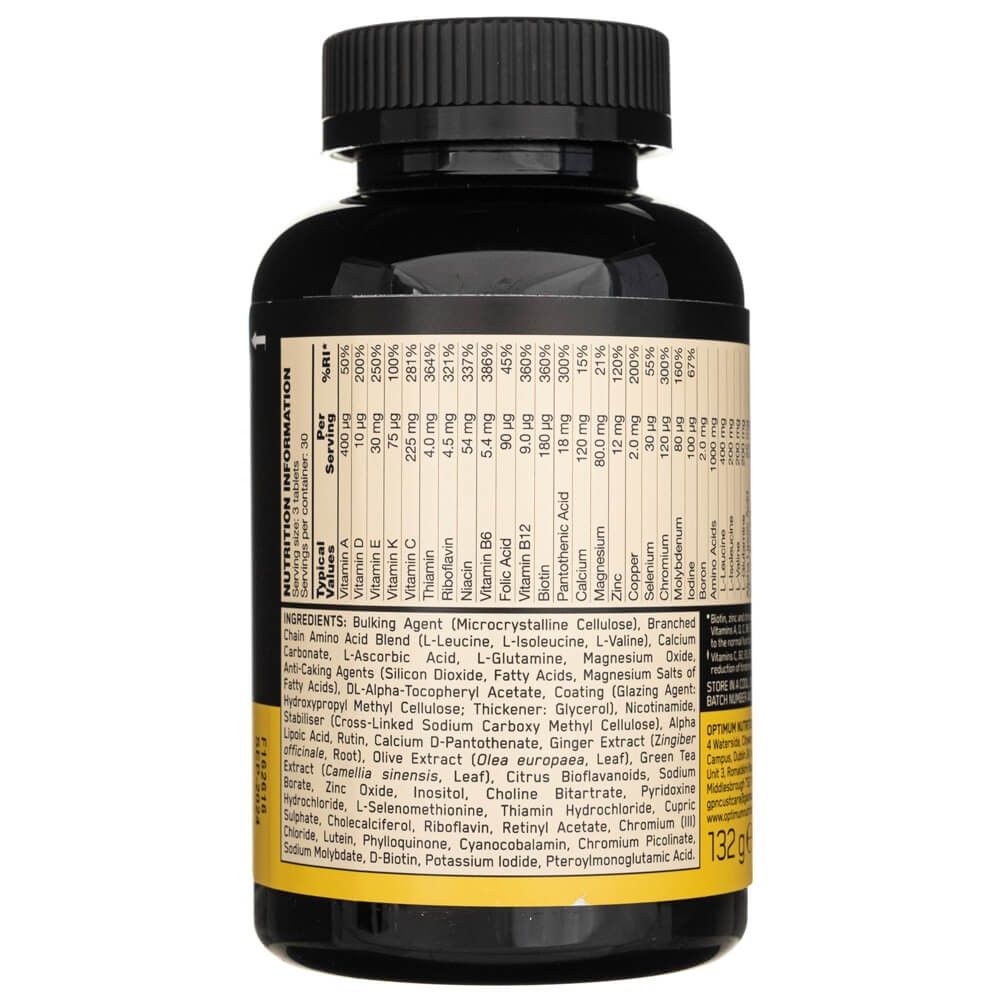 Retro di un flacone Optimum Nutrition Opti-Men Multivitaminico con informazioni nutrizionali.