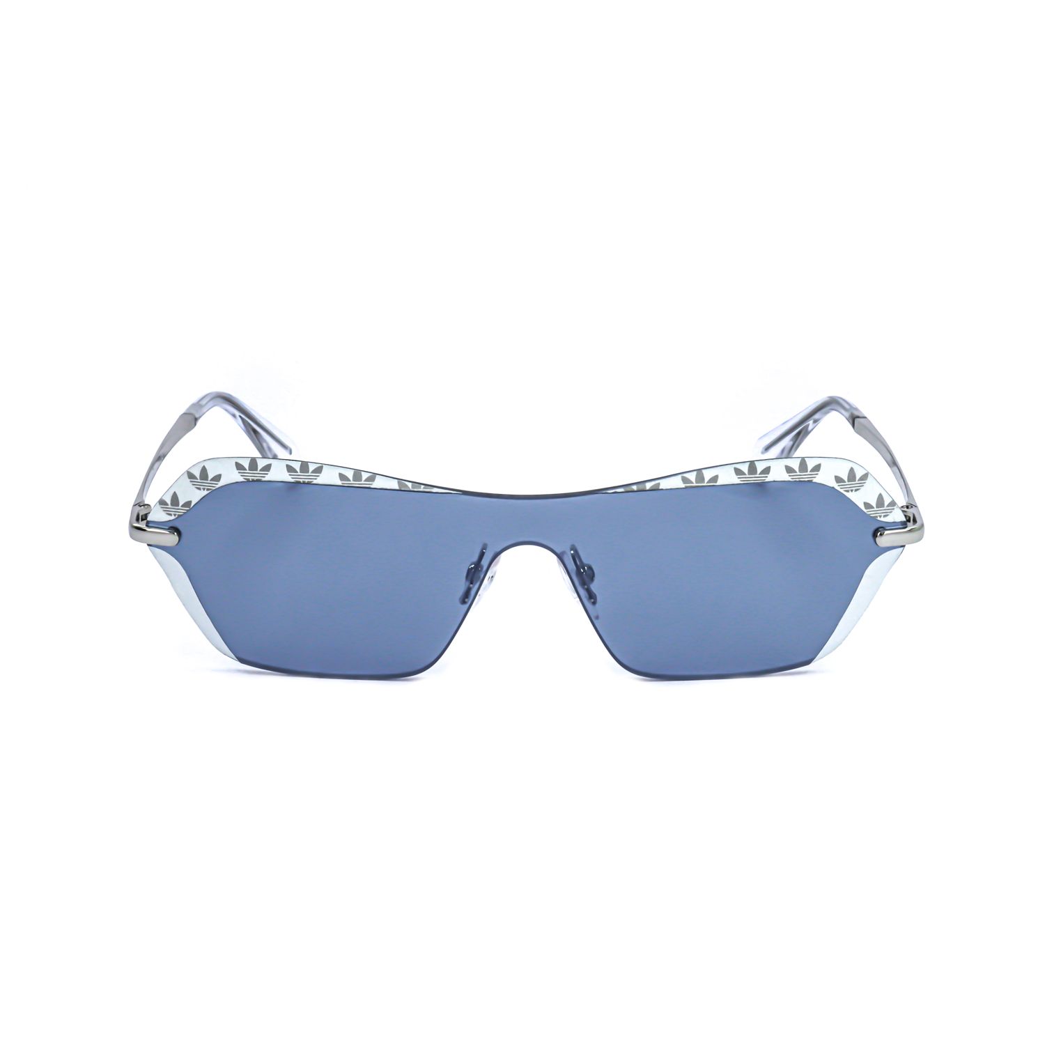 Occhiali da sole sportivi con lenti blu e montatura bianca con motivo logo Adidas.