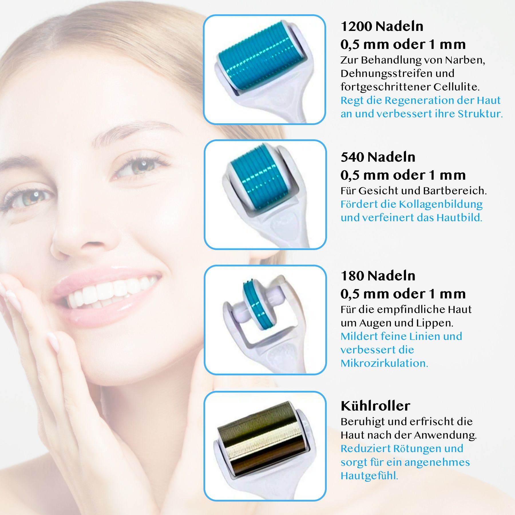 Primo piano di una donna con illustrazioni di prodotti. Diverse testine per derma roller e le loro funzioni. Descrizioni testuali.