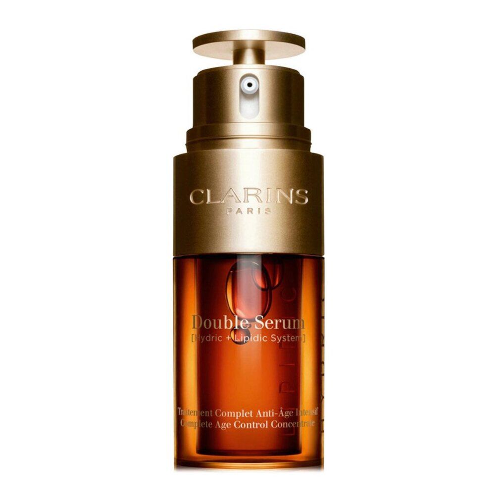 Flacone Clarins Double Serum. Tappo dorato, flacone trasparente con liquido marrone.