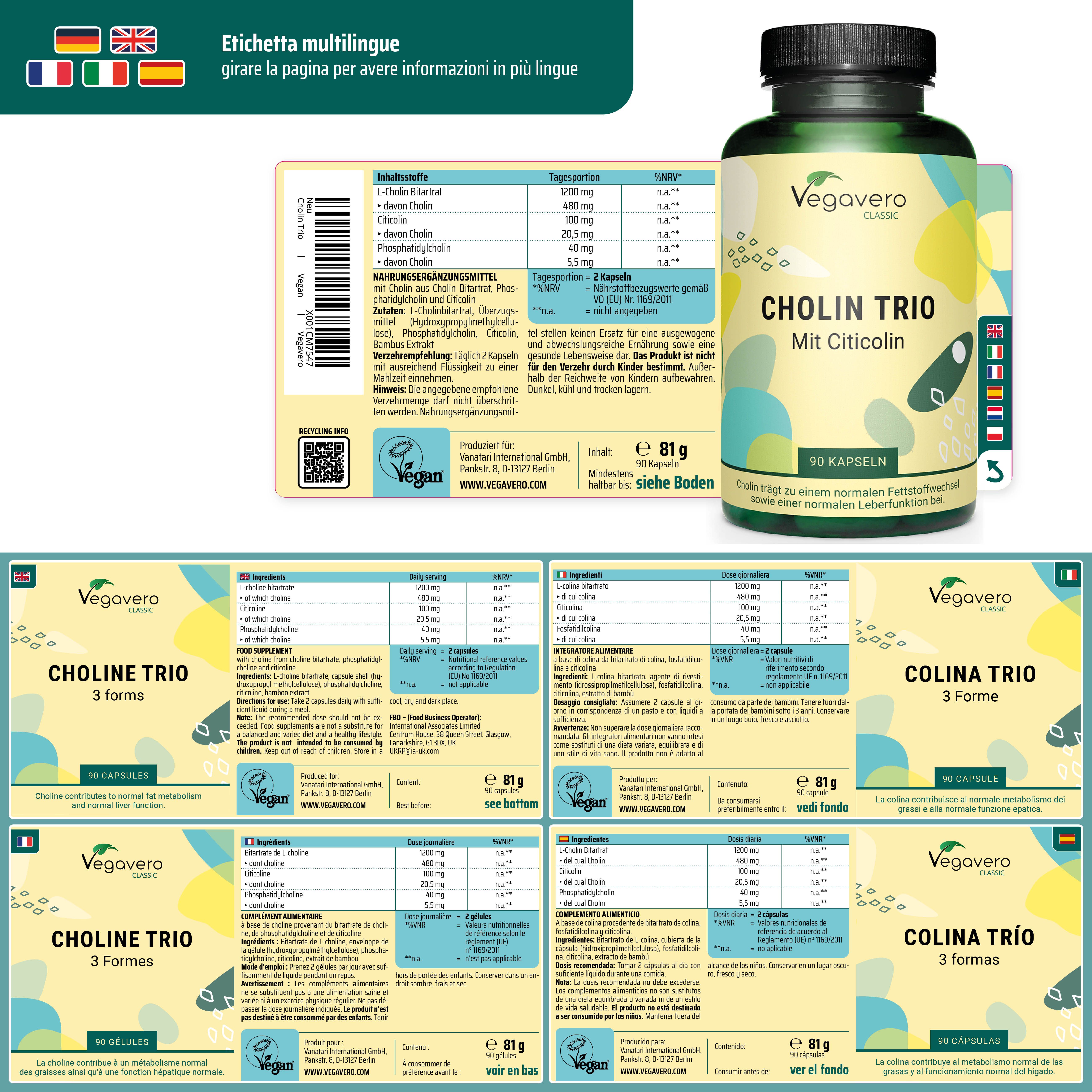 Etichetta multilingue con informazioni in più lingue. Bottiglia di capsule. Scritta: CHOLIN TRIO.