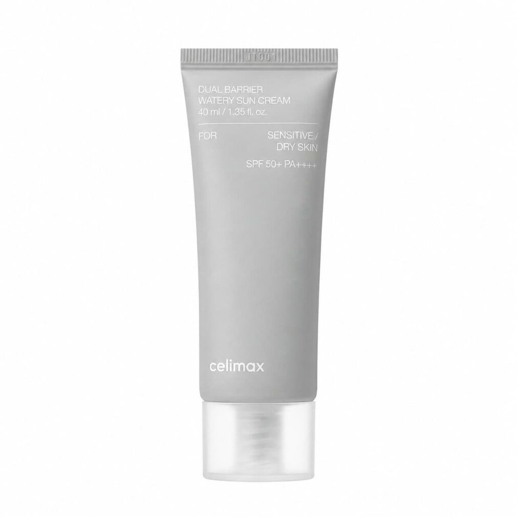 Tubo grigio con stampa argentata, per pelli sensibili e secche, SPF 50+.