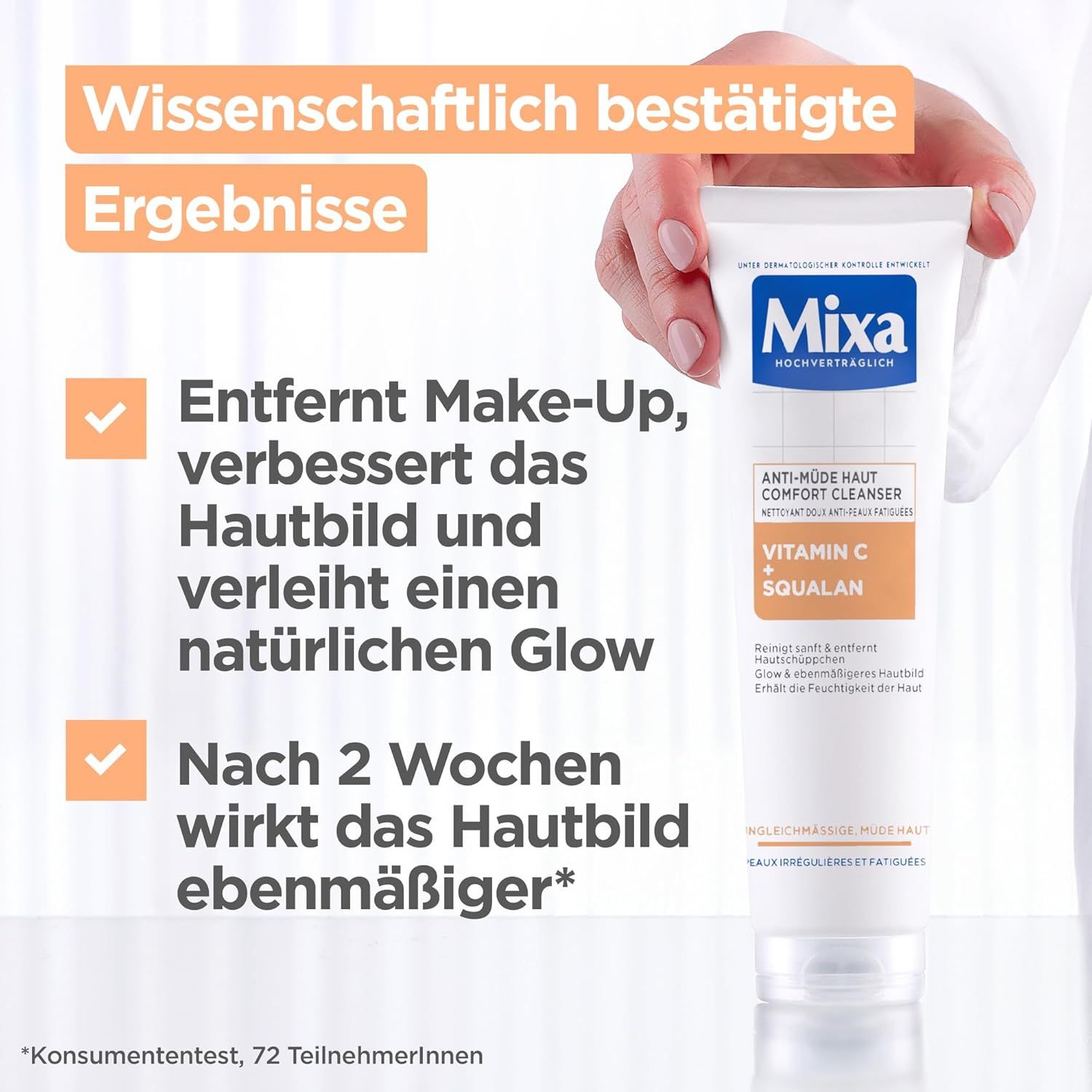 Donna tiene tubo Mixa Anti-Müde Haut Comfort Cleanser. Testo: Rimuove il trucco, migliora l'incarnato, dona luminosità. Dopo 2 settimane.