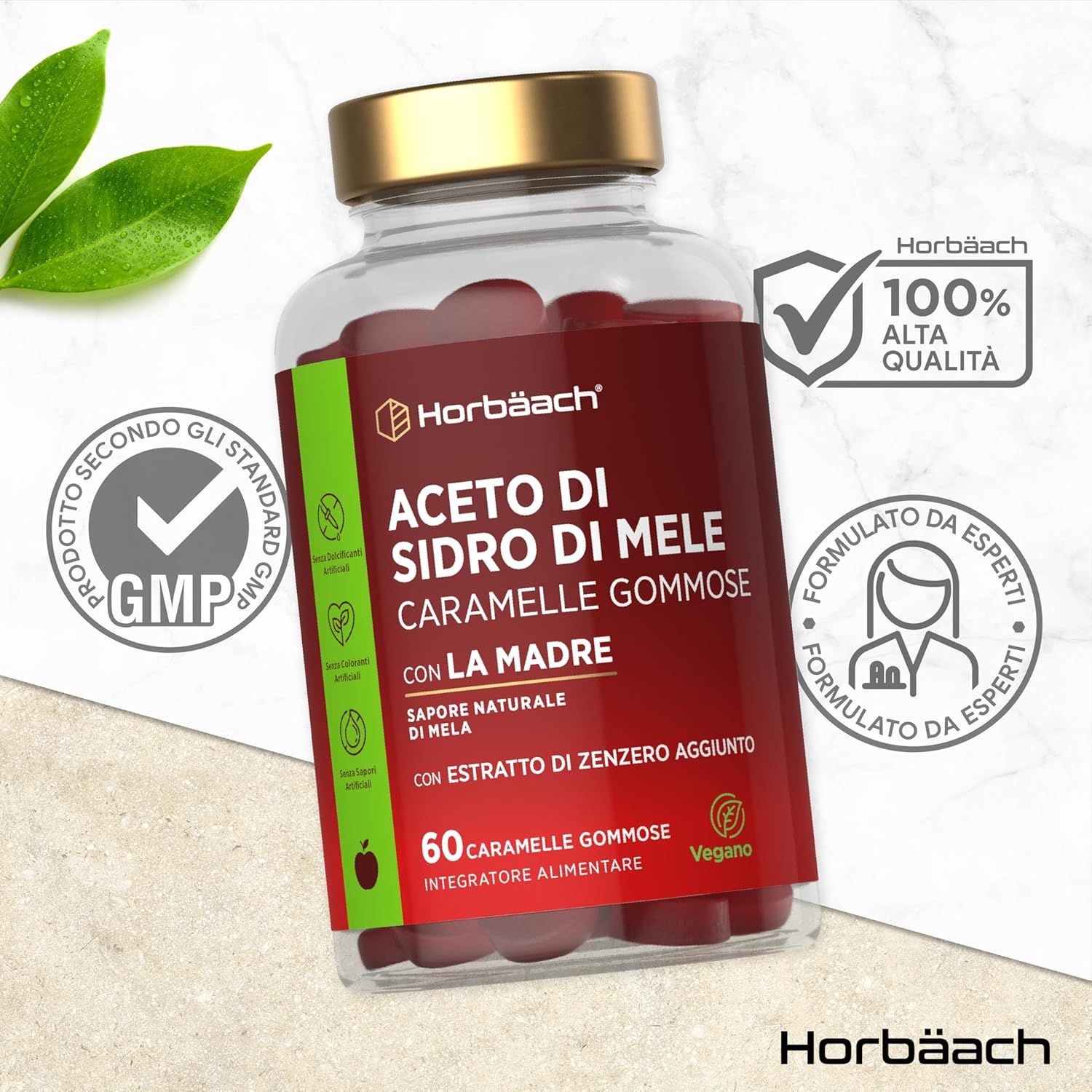 Barattolo di caramelle gommose rosse. Scritta: Aceto di Sidro di Mele, Caramelle Gommose, con la Madre, 60 caramelle gommose. Certificazione GMP. 100% alta qualità.