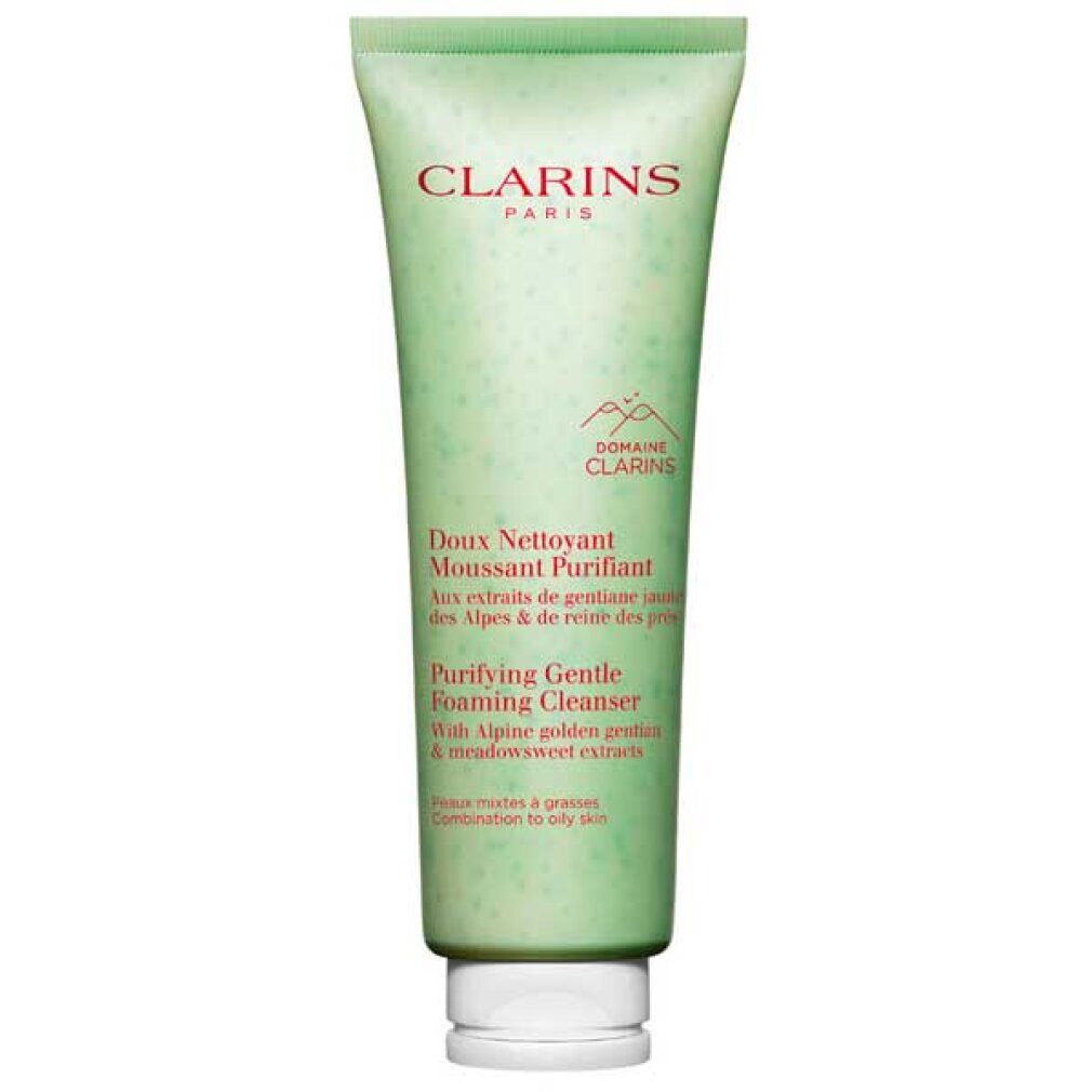 Tubo verde Clarins Detergente Schiumogeno Purificante. Scritta rossa Clarins Paris. Testo: Doux Nettoyant Moussant Purifiant.
