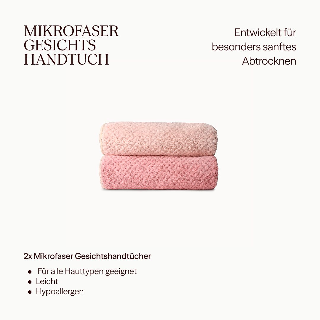 Due asciugamani in microfibra rosa, sovrapposti. Testo: 2x asciugamani in microfibra. Adatto a tutti i tipi di pelle, leggero, ipoallergenico.